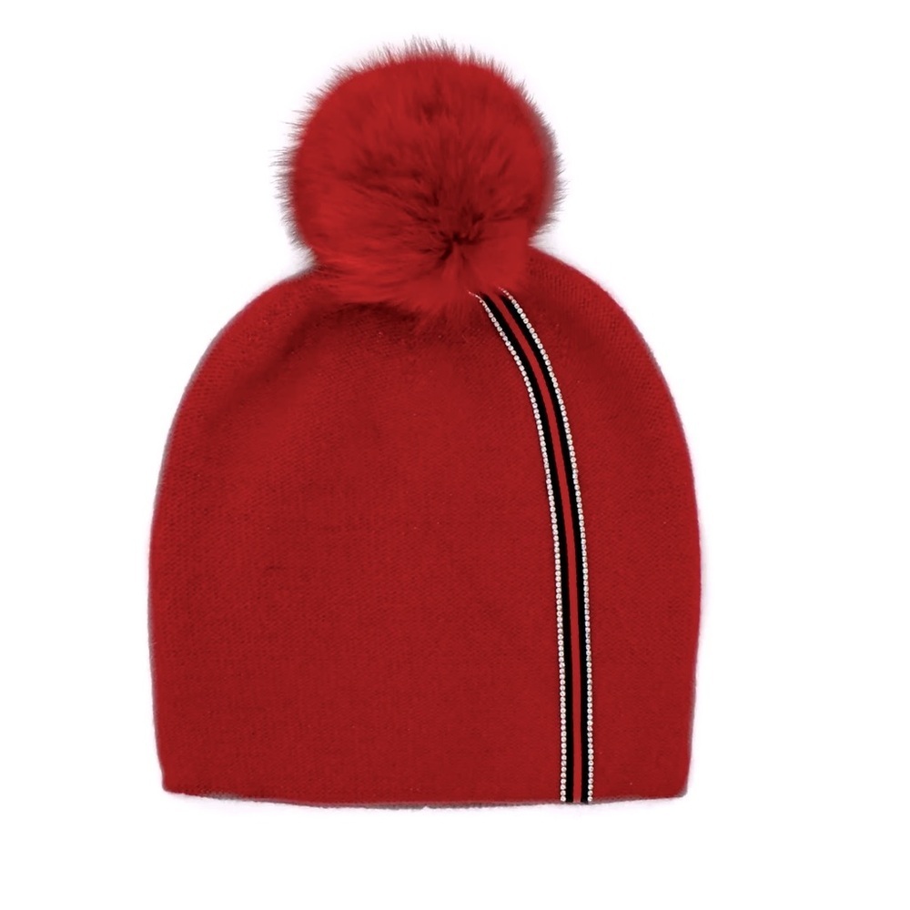 NWT MITCHIE'S MATCHINGS Knit Beanie Fox Pom Ribbon Stripe Rhinestones Angora Red